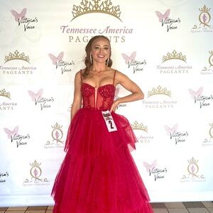 Ashley Lauren Corset Top Red Tiered Gown